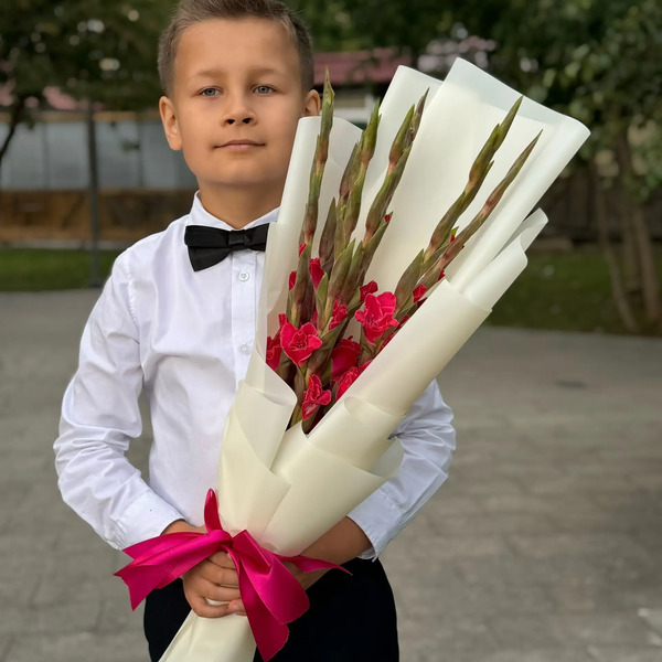 Букет на 1 сентября из 7 малиновых гладиолусов в Старой Купавне