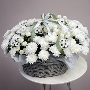 Композиция в корзине "Снежная лавина" из хризантем в Старой Купавне