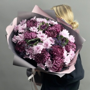 Букет "Виолетта" из хризантем Бигоуди, лимониума, брассики и кустовых хризантем в Старой Купавне