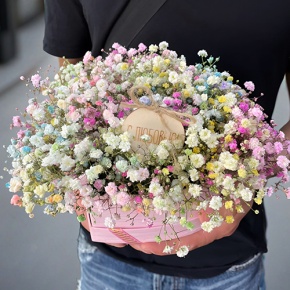 Композиция в коробке сердца из радужных гипсофил с топпером в Старой Купавне