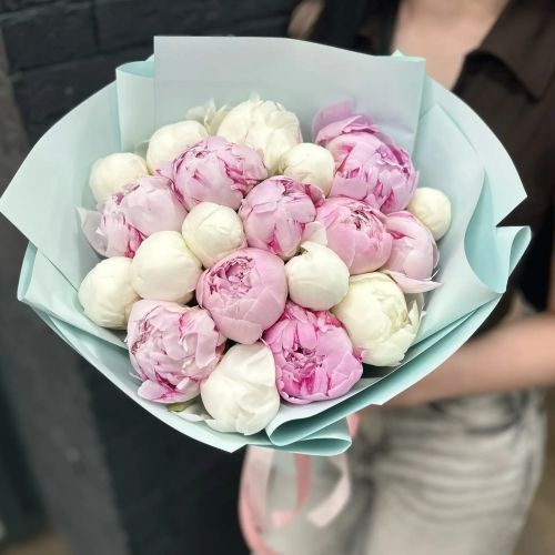 Микс из 19 бело-розовых пионов в Старой Купавне